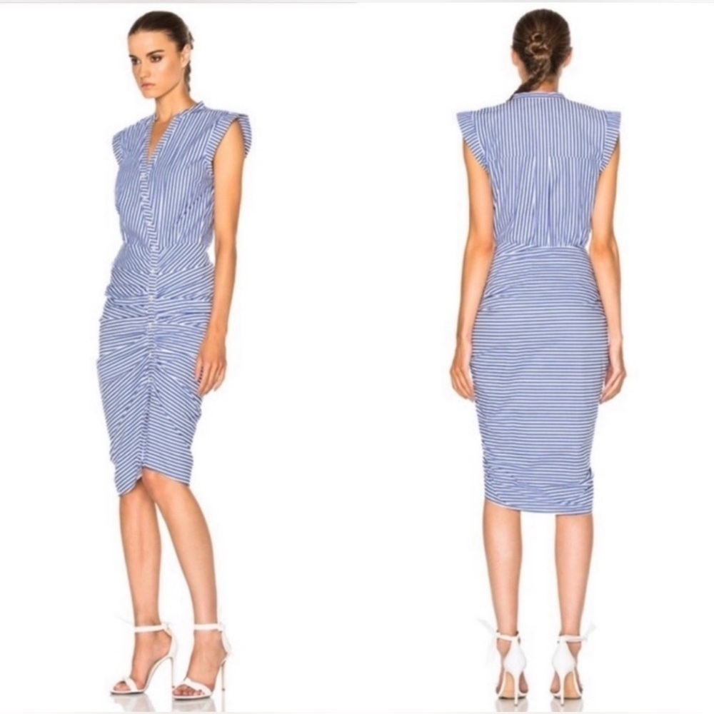 Veronica Beard Ruched Striped Cotton Shirt Dress Sleeveless Size 10 Blue EUC - Picture 5 of 13